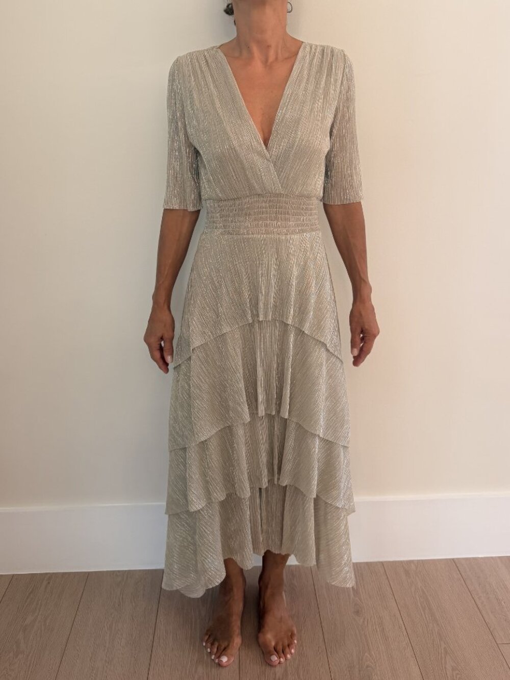 NWT Maje Metallic Ruffled Lamé Midi Dress Silver FR 34 US 2 - Picture 1 of 3